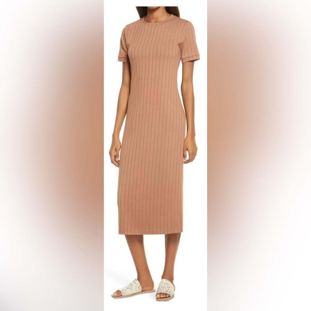 Chic Tan Ribbed Midi Dress